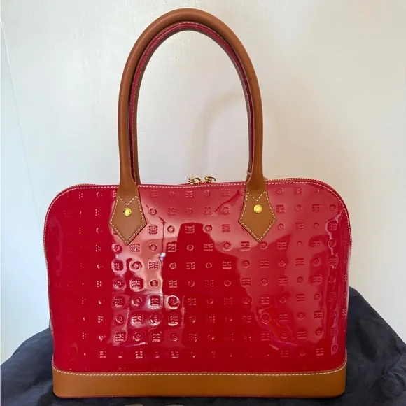 Arcadia Glossy Red and Tan Satchel - Picture 2 of 8